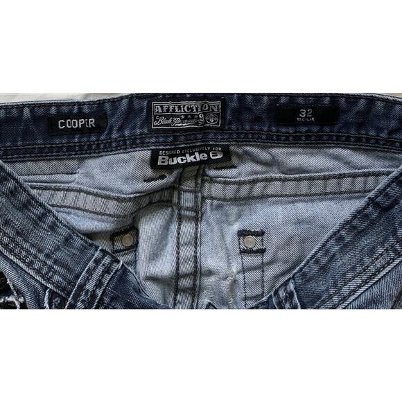 Affliction Cooper Buckle Denim Jeans 32R Distressed Dark Wash Stretch Blue - Picture 12 of 13